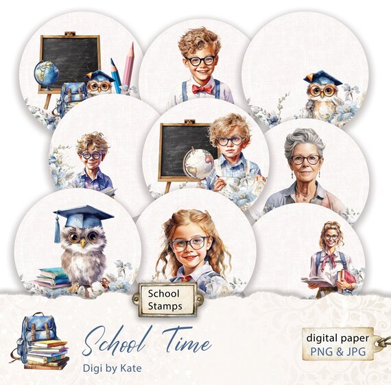 School Time Stamps PNG and JPG, School Journal Circle Tags, Cupcake Toppers School, School Digital Round Stickers