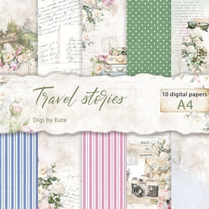 Travel Stories A4 é um conjunto de papel digital perfeito para Junk Journal e Scrapbooking