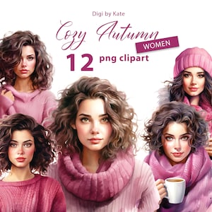 Gezellige herfst vrouwen 12 png-clipartset, magenta aquarel herfstmeisje, herfst png vrouwenillustraties, transparante achtergrond