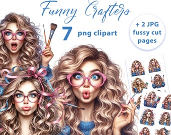 Funny Crafters with Blond Hair 7 PNG & 2 A4 JPG Pages - Women Graphics on Transparent Background and White Background