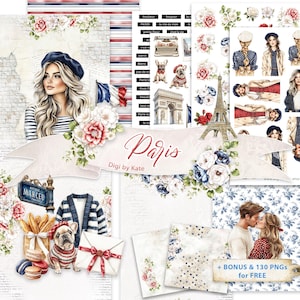 Puede incluir: Una colección de arte digital con temática parisina, con ilustraciones de la Torre Eiffel, bulldogs franceses y mujeres de moda. El diseño incluye detalles florales, la palabra "París" y el texto "Digi by Kate". La paleta de colores incluye rojo, blanco y azul.