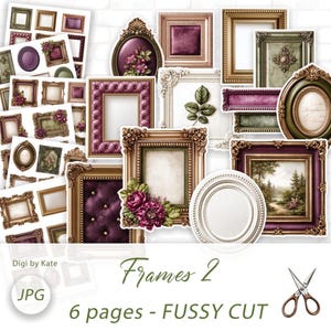 May include: A collection of digital paper sheets featuring various ornate picture frames in gold, bronze, and deep purple tones, some decorated with floral accents, alongside text reading Digi by Kate, Frames 2, JPG, and 6 pages - FUSSY CUT.