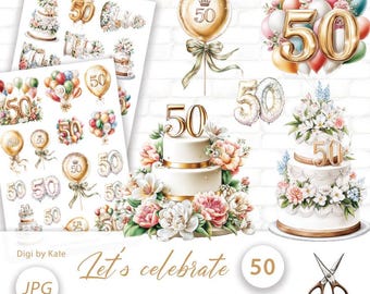 Let's celebrate 50 Fussy Cut on 2 A4 JPG Pages for Journals and Scrapbooks, Print and Cut Balloons and Cakes