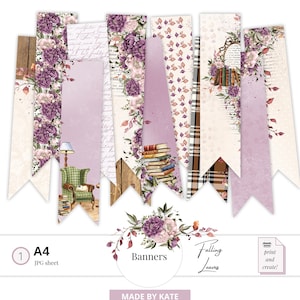 Könnte beinhalten: Ein Satz von acht druckbaren Bannern mit Herbstthema mit Bildern von Büchern, Blättern, Blumen und einem karierten Muster. Die Banner sind in den Farben Lila, Braun und Weiß gehalten. Der Text "Falling Leaves" und "Banners" ist im Bild enthalten.