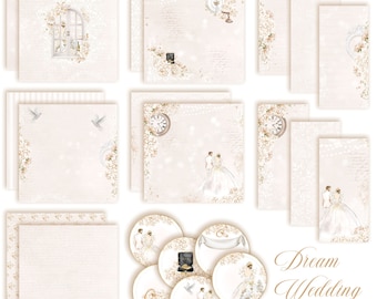 May include: A set of 12 digital papers and 6 digital embellishments with a romantic wedding theme. The papers feature a delicate floral design with a soft pink and white color scheme. The embellishments include a clock, a ring, and a couple.