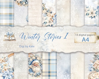 Winter Stories 1 14 A4 Blue Beige Digital Paper Pack, Winter Background Scrapbook Paper, Journal Digital Paper