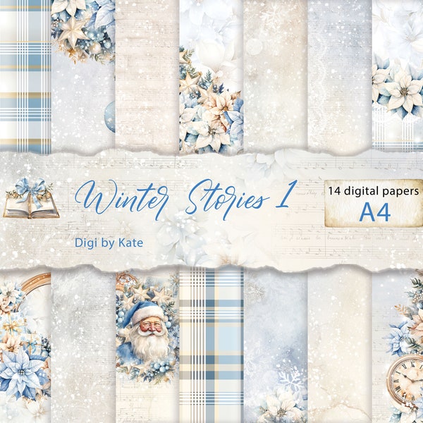 Storie invernali 1 14 Pacchetto di carta digitale beige blu A4, carta per album con sfondo invernale, carta digitale per diario