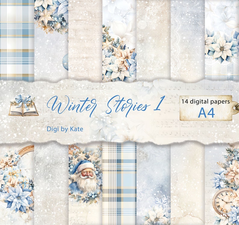 Winter Stories 1 14 A4 Blue Beige Digital Paper Pack, Winter Background Scrapbook Paper, Journal Digital Paper zdjęcie 1