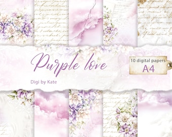 May include: A collection of ten digital papers with a purple and white floral theme. The papers feature watercolor textures, floral arrangements, and handwritten script. The words "Purple Love" are written in a cursive font.