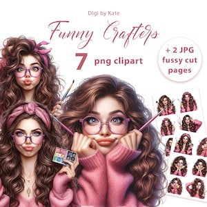 Divertenti artigiani con capelli castani 7 PNG e 2 pagine A4 JPG - Grafica femminile su sfondo trasparente e bianco
