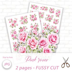 Può includere: Due fogli digitali con molteplici illustrazioni di rose rosa con foglie verdi. Le rose sono raffigurate in vari stadi di fioritura, dai boccioli chiusi ai fiori completamente aperti. Il testo riporta: Digi by Kate, JPG, Pink roses, 2 pages - FUSSY CUT.