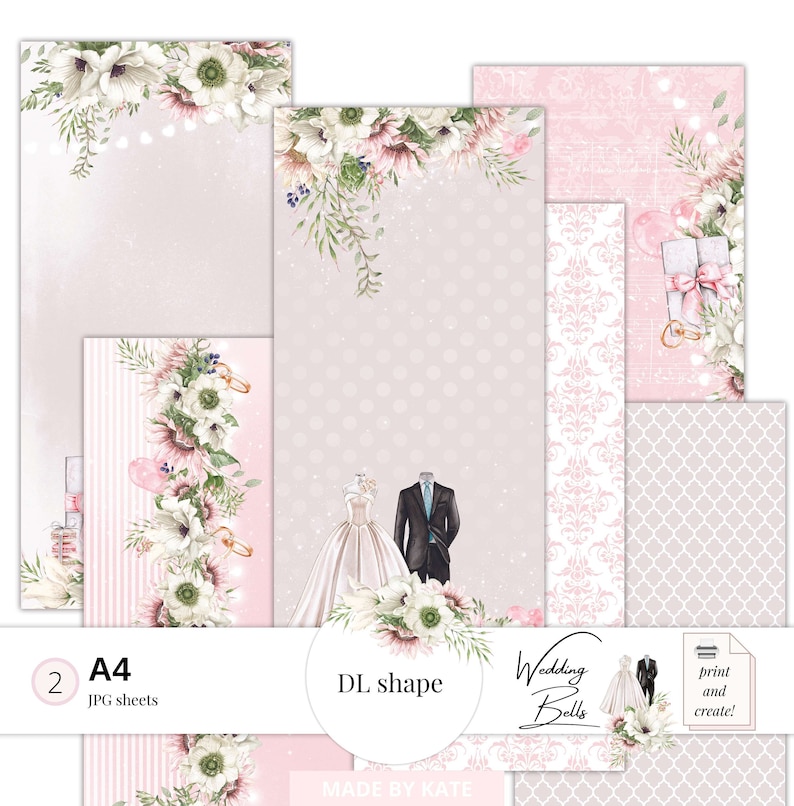 May include: Two digital paper sheets with a wedding theme. The sheets feature a floral design with white flowers and pink accents. One sheet has a bride and groom in the center, while the other sheet has a floral border. The text "Wedding Bells" is visible in the lower right corner.