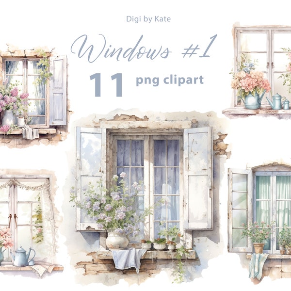 Windows #1 11 PNG clipart set, shabby chic Windows clipart, oude Windows aquarel, PNG Windows illustraties, transparante achtergrond