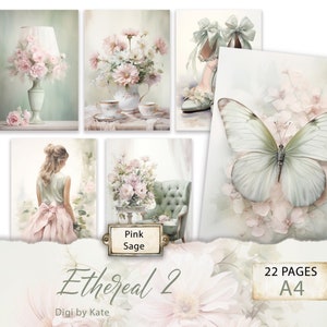 Ethereal 2 pages A4 rose et sauge de 22 pages avec des graphismes de style shabby chic, fond romantique, papier de scrapbooking, journal papier numérique