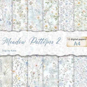 May include: Twelve digital papers featuring a variety of floral patterns in shades of blue, white, and pink. The patterns are inspired by meadow flowers and are perfect for crafting and scrapbooking projects. The papers are A4 size.
