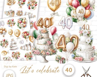 Let's celebrate 40 Fussy Cut on 2 A4 JPG Pages for Journals and Scrapbooks, Print and Cut Balloons and Cakes