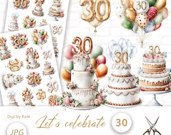 Let's celebrate 30 Fussy Cut on 2 A4 JPG Pages for Journals and Scrapbooks, Print and Cut Balloons and Cakes