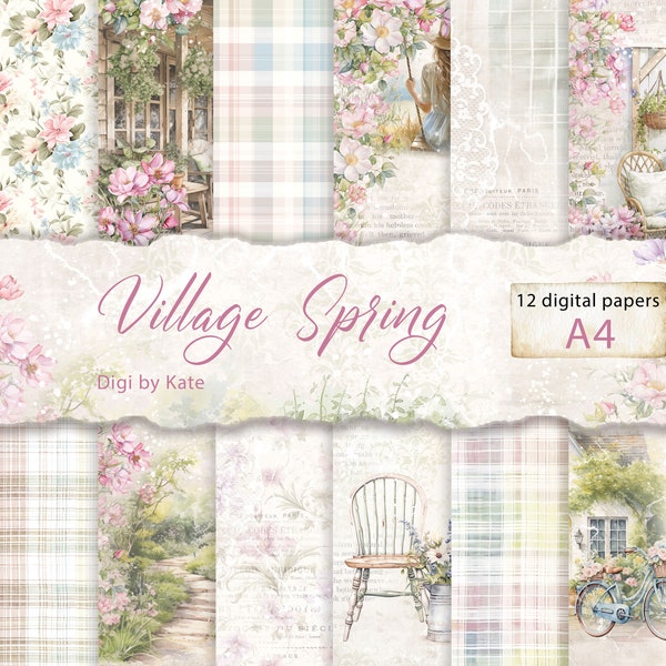 Village Spring A4 is a Digital Paper Set in Floral Cottage Style perfect for Junk Journal