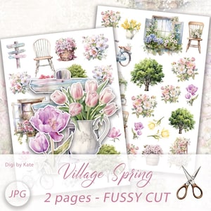 Recortes de primavera de Village Fussy en 2 páginas JPG A4 con elementos Cottagecore para imprimir y recortar