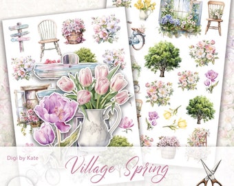 Village Spring Fussy Cut on 2 A4 JPG Page with Cottagecore Elements to Print and Cut