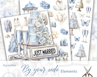 Wedding Elements Fussy Cut on 3 A4 JPG Pages with Blue and Ivory Images to Print and Cut