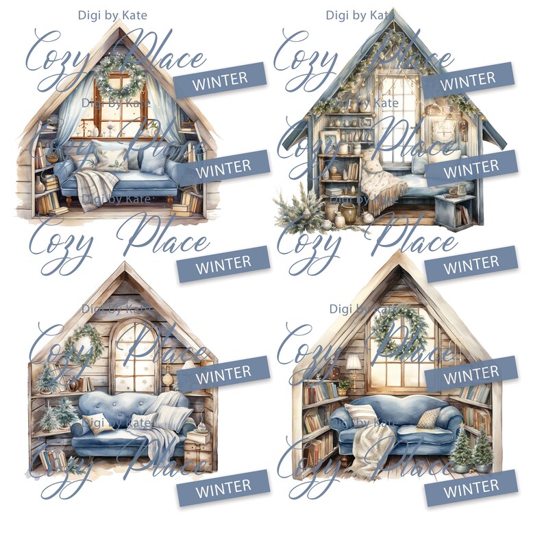 Winter Cozy Place 4 PNG Clipart Set, Winter Watercolor Illustrations of ...
