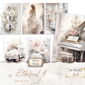 Éthéré 4 pages A4 blanches et beiges avec des graphismes de style shabby chic, fond romantique, papier de scrapbooking, journal papier numérique