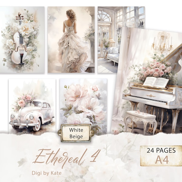 Ethereal 4 Weiß und Beige 24 A4 Seiten mit Shabby Chic Style Grafiken, Romantisches Hintergrund Scrapbook Papier, Journal Digitales Papier