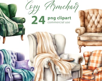 Autumn Cozy Armchair 24 PNG Clipart Set, Fall Watercolor Armchair, Fall PNG Armchair Illustrations, Junk Journals, Transparent Background