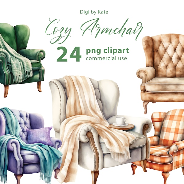 Autumn Cozy Armchair 24 PNG Clipart Set, Fall Watercolor Armchair, Fall PNG Armchair Illustrations, Junk Journals, Transparent Background