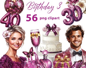 May include: A set of 56 digital clipart images for a 40th birthday celebration. The clipart includes a woman, a man, a cake, a purse, a bottle of perfume, a gift box, a glass of champagne, a disco ball, and the numbers 40 and 30. The clipart is in a pink and purple color scheme.