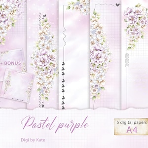 Może przedstawiać: Cyfrowe papiery w pastelowym fiolecie. Obraz przedstawia kompozycje kwiatowe w odcieniach bieli i fioletu, z dekoracyjnymi obramowaniami oraz tekstem "Pastel purple" i "5 digital papers A4". Papiery mają efekt akwareli.