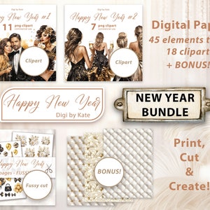 Happy New Year Bundle mit 2 A4 JPG Seiten und 17 PNG Clipart + BONUS! 3 A4 Elegante Muster