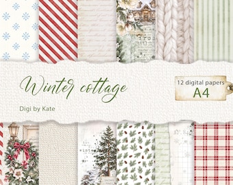 Winter Cottage Digital Paper Set in Red White and Green for Scrapbooking and Journling