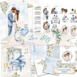 Puede incluir: Una colección de arte digital con temática de boda. La imagen presenta ilustraciones de una pareja besándose, anillos de boda, un piano y arreglos florales. Las palabras "Love Story" se muestran en una pancarta.