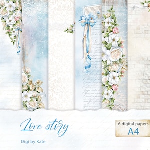 Op de afbeelding: Digitaal papierpakket met zes vellen in een romantisch thema. De ontwerpen bevatten bloemstukken van witte rozen en blauwe linten, met een zachte, vintage uitstraling. De tekst "Love Story" is in cursief geschreven. A4 formaat.