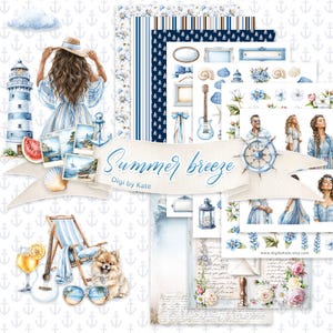 Puede incluir: Una colección de arte digital con temática náutica. El diseño presenta ilustraciones de un faro, escenas de playa, conchas marinas y una guitarra. Las palabras "Summer breeze" están escritas en una pancarta. La paleta de colores incluye tonos de azul, blanco y beige.