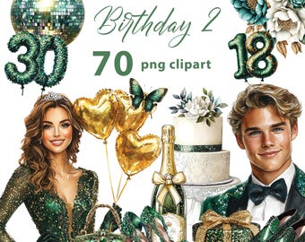 May include: A set of 70 digital birthday clipart images featuring green, gold, and white colors. The clipart includes numbers, a disco ball, hearts, a bottle of champagne, a cake, a purse, shoes, a gift box, and illustrations of a woman and a man.