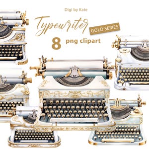 Typewriter Gold Series 8 PNG Clipart Set, Gold and White Typewriter Clipart Watercolor, PNG Typewriter Illustrations, Transparent Background