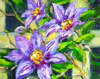 Clematis painting Flower Original painting Wall art Wall decor Canvas artwork by EVIpainting Birthday gift