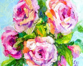 Rosa Rosen Gemälde Blume Original Gemälde Wandkunst Wanddekoration Leinwand Kunstwerk von EVIpainting Geburtstagsgeschenk 8x8 Zoll