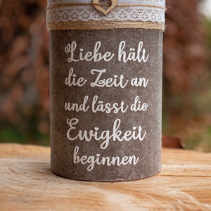 Rustic wedding candle with hearts and wedding motto, handmade and personalized with tealight insert on request image 3