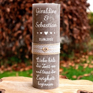 Rustic wedding candle with hearts and wedding motto, handmade and personalized with tealight insert on request image 1