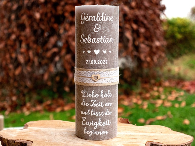 Rustic wedding candle with hearts and wedding motto, handmade and personalized with tealight insert on request image 1