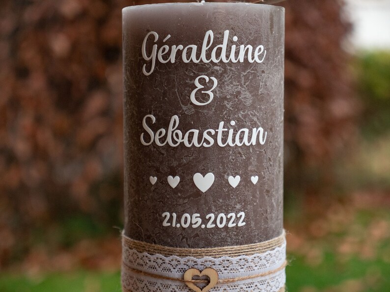 Rustic wedding candle with hearts and wedding motto, handmade and personalized with tealight insert on request image 2