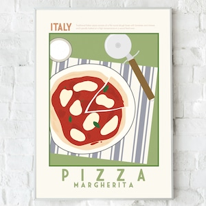 Pizza poster, mid century modern wall art print, traditional Margherita pizza, Retro Italy print