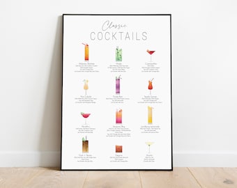 Classic cocktails guide print, kitchen wall art, cocktail recipe menu, poster