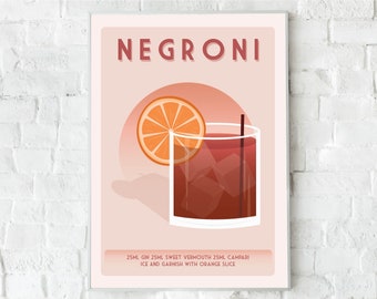 Negroni cocktailposter, cocktailguidetryck, köksväggkonst, gincocktailrecept, cocktaildryck