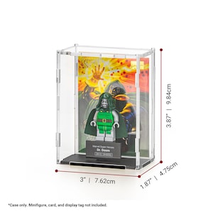 May include: A clear acrylic display case, 3" x 1.87" x 3.87", showcasing a Dr. Doom Lego minifigure and a Marvel Super Heroes card. The case has a black base and a clear acrylic cover. The dimensions are provided in inches and centimeters.