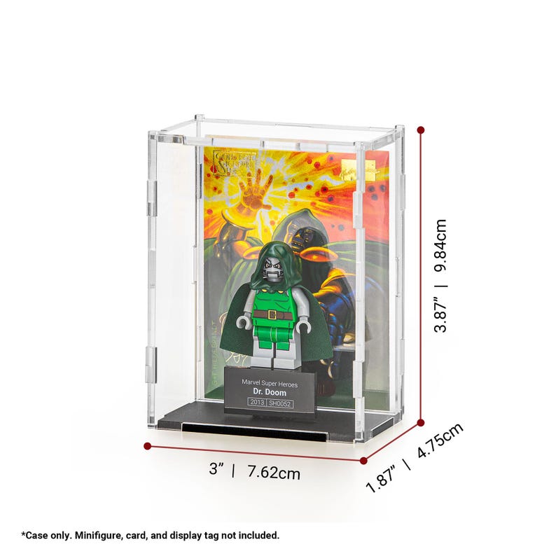 May include: A clear acrylic display case, 3" x 1.87" x 3.87", showcasing a Dr. Doom Lego minifigure and a Marvel Super Heroes card. The case has a black base and a clear acrylic cover. The dimensions are provided in inches and centimeters.
